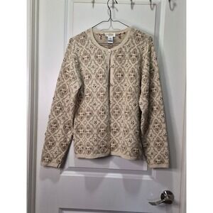 Talbots Beige Floral Embroidered Diamond Knit Cardigan Sweater  L Ramie Cotton